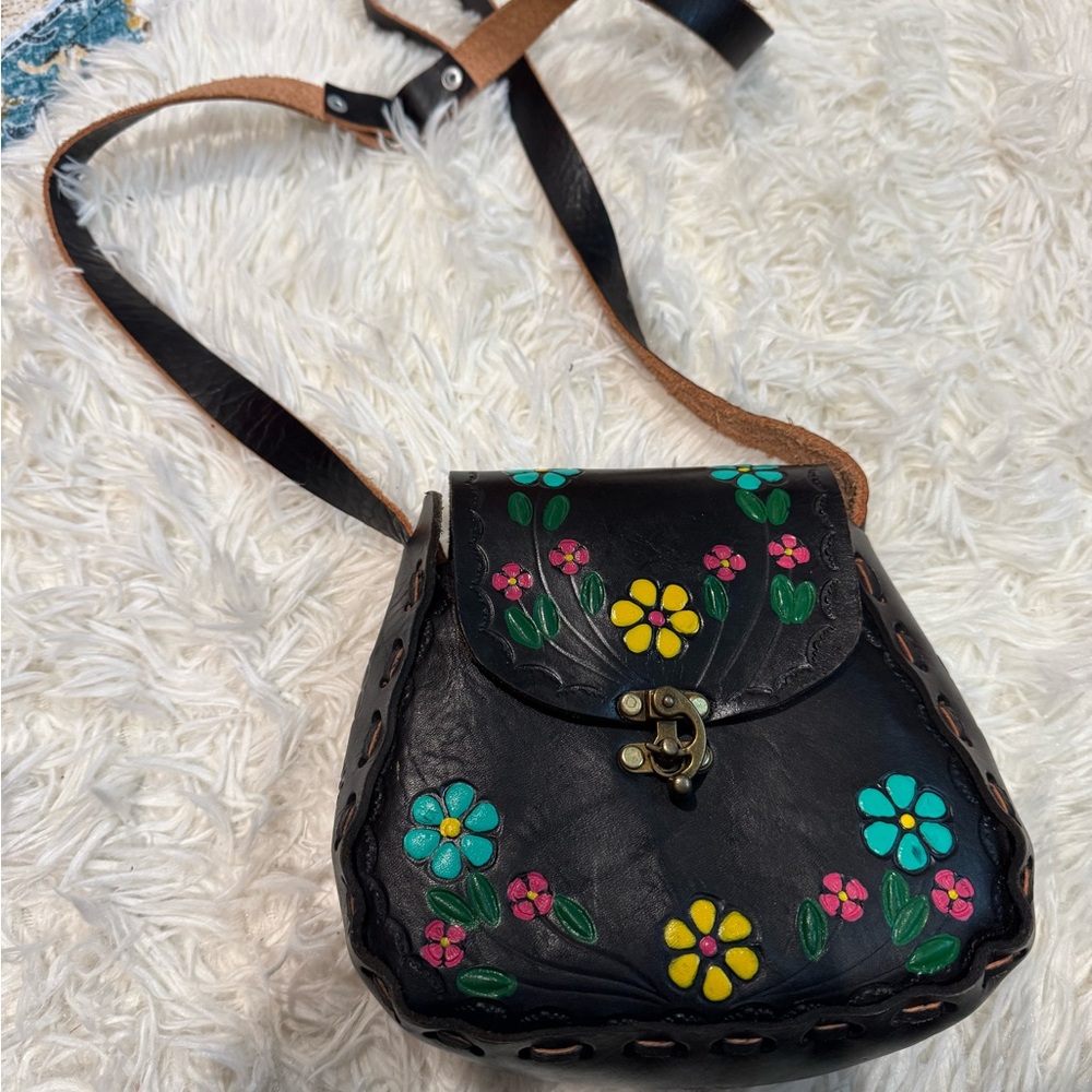 Floral Embellished Black Leather Mini Bag